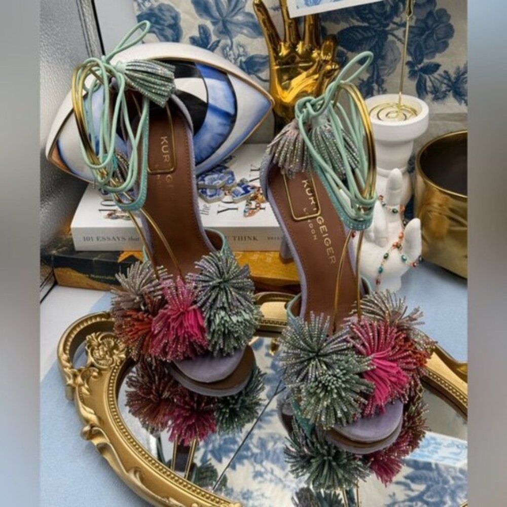 🆕 KURT GEIGER LONDON 🧿 NWOB Lilac & Teal Pom Pom Tie Ankle Heel, Sz 36 US 6 - Picture 14 of 15